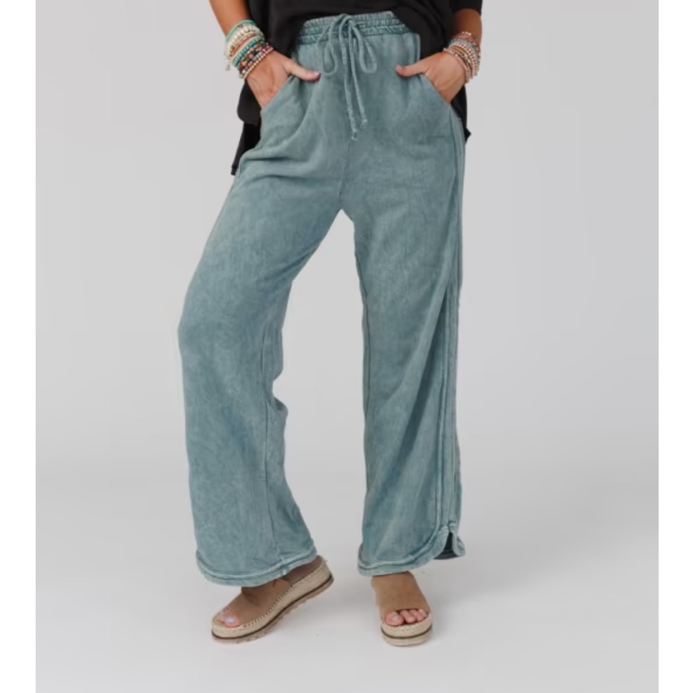army green mid rise thick wide leg pants